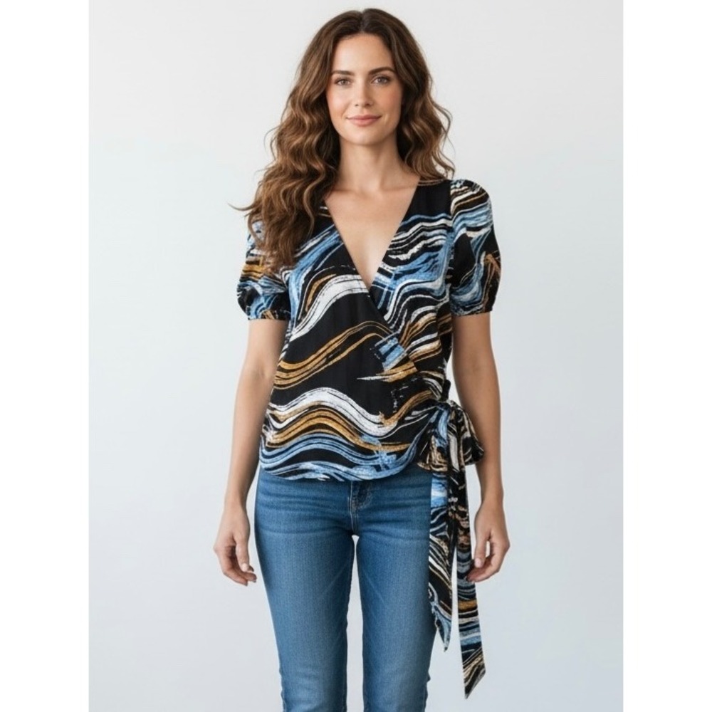 Nine West Womens Silky Wrap Shirt Abstract Swirl Black Blue Gold Small